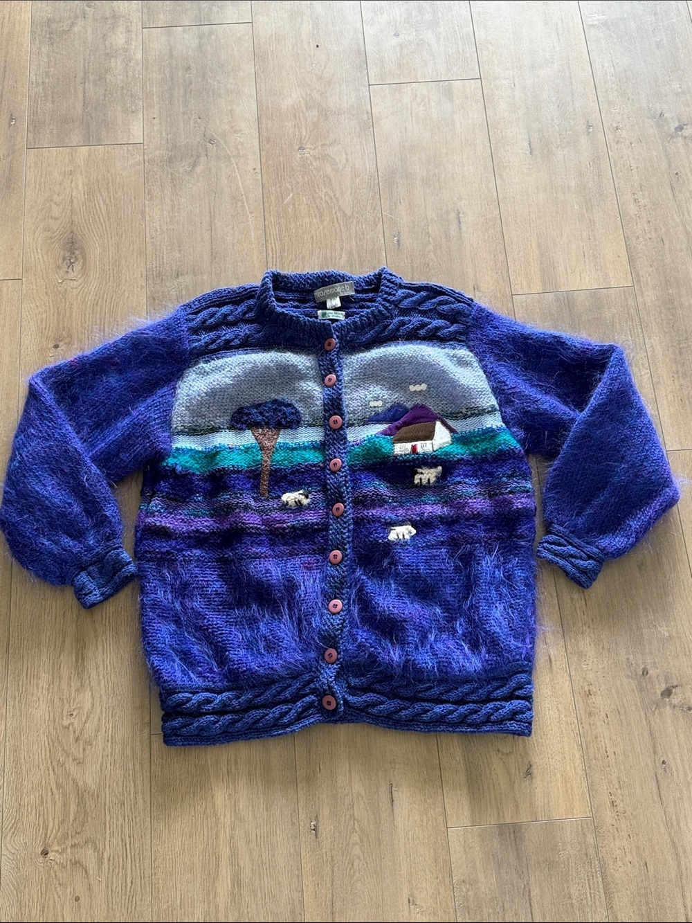 VTG Rosemarie B Hand Knit Irish Landscape Mohair Wool Cardigan Size XL
